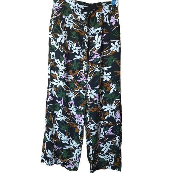 Primark Women's Size 10 Black Floral Wide Leg Pants Elastic Tie Waist Tropical - Picture 1 of 5